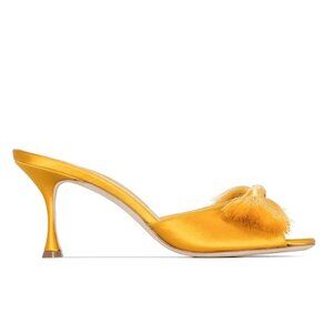 ISO: MANOLO BLAHNIK Yellow Railda 70 Tassel Bow Satin Mules